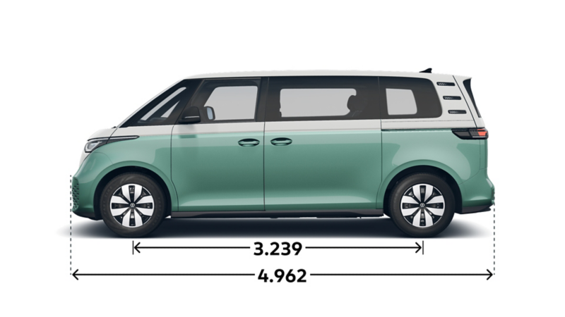 Måttskiss från sidan av en lång VW ID. Buzz