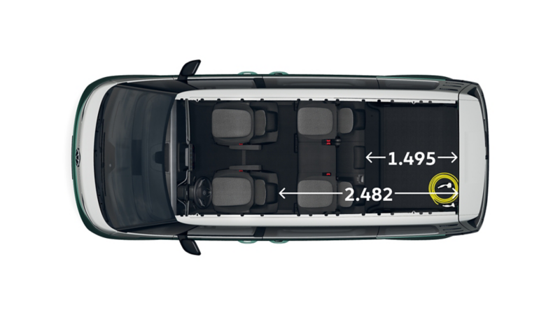Måttskiss över en 5-sitsig lång VW ID. Buzz