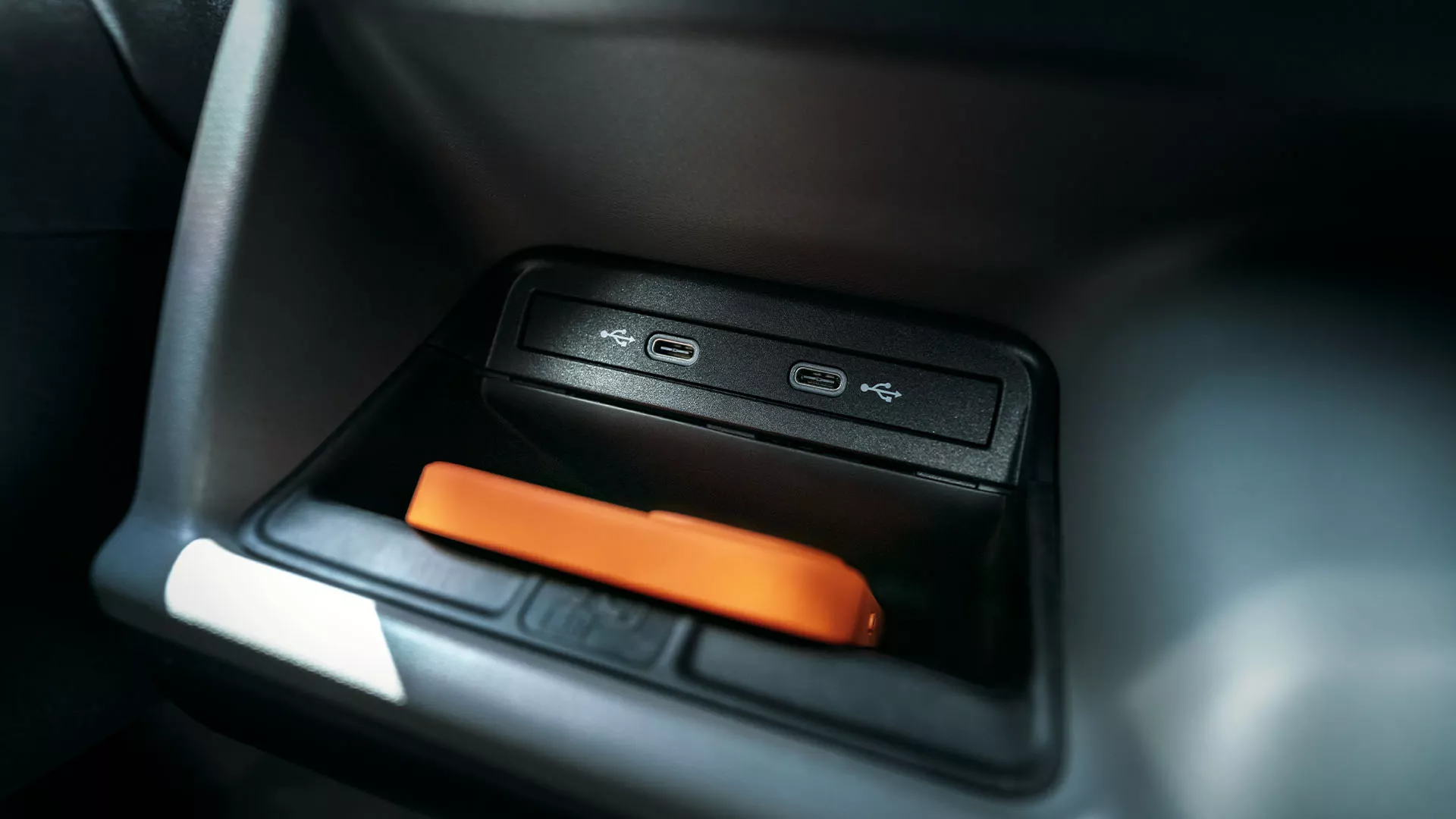 Volkswagen ID. Buzz storage compartment with USB-C ports detail