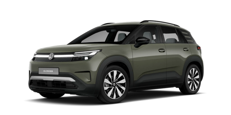 Olijfgroene Volkswagen ID. Cross, schuin van voren gezien, met de tekst ID. CROSS op de kentekenplaat.