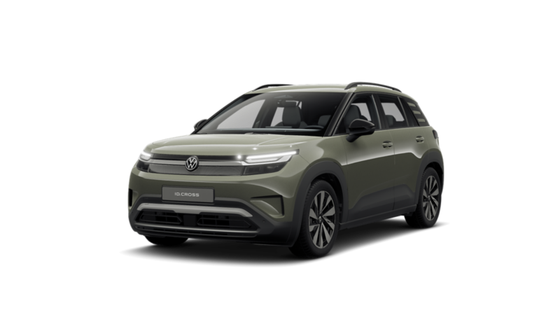 Ein dunkelgrüner, freigestellter VW ID. Cross von schräg vorne
