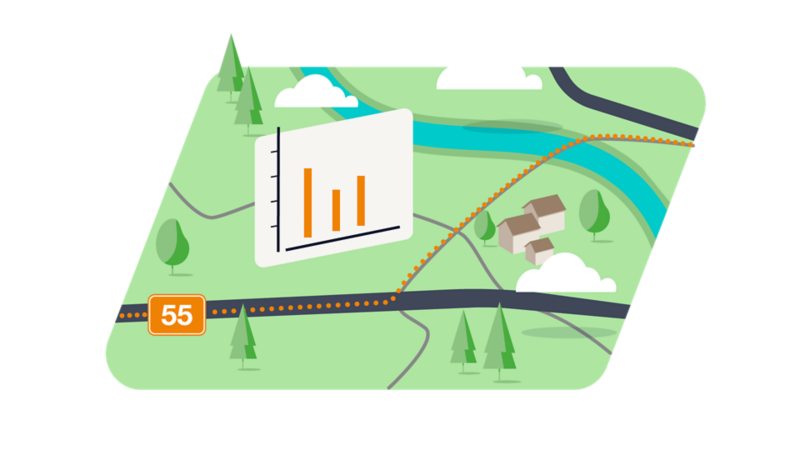 Illustration zeigt eine Route auf einer Landkarte mit Fluß und Straßen und einer Stadt.