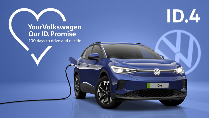 A front three-quarter view of a blue ID.4 set on a blue background with a transparent Volkswagen logo and a charging cable plugged into the charging port