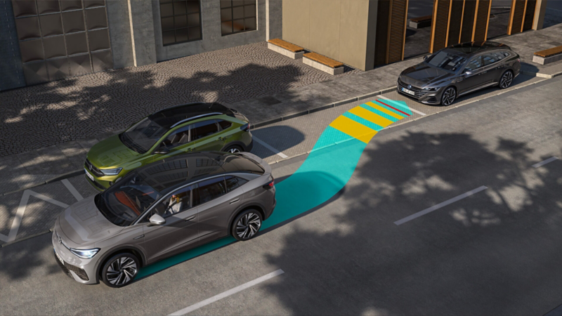 Représentation graphique d'une VW ID. avec 'Park Assist'.