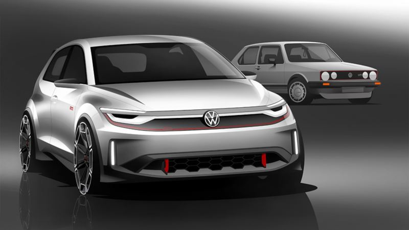 Computer-generated image of the ID. GTI Concept in the front and the Golf GTI Clubsport 5 in the background