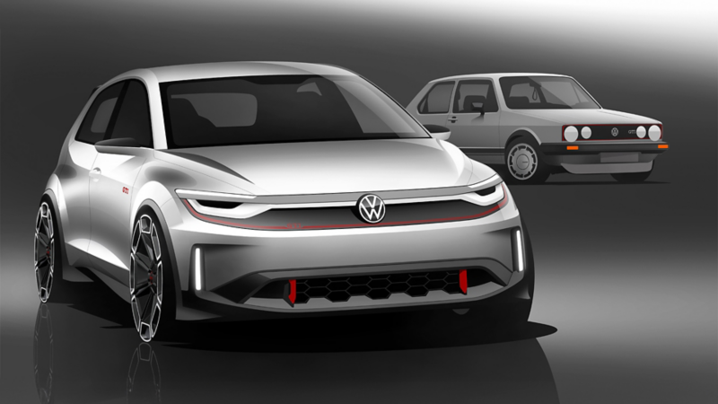 Computergeneriertes Bild des ID. GTI Concept vorne und im Hintergrund des Golf GTI Clubsport 5