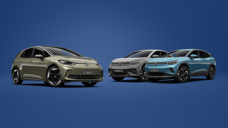 Three Volkswagen electric cars including the ID.3, ID.4 and ID.5 are showcased on a blue background.