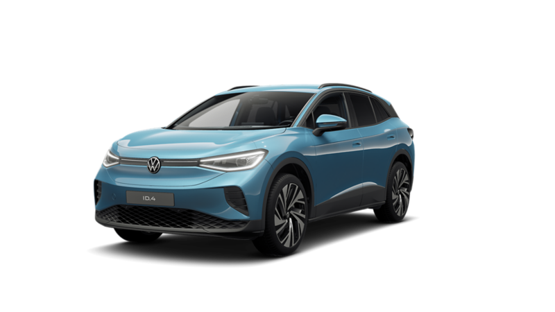 Ein blauer, freigestellter VW ID.4 von schräg vorne
