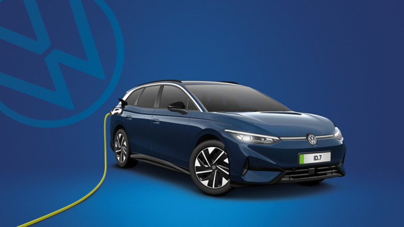 A blue ID.7 Tourer Match trim on a blue background