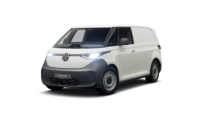 Ein ID. Buzz Cargo Pure vor weißem Hintergrund.