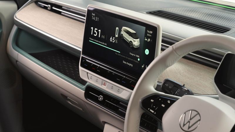 Close up photo of a VW dashboard showing the infotainment module. 