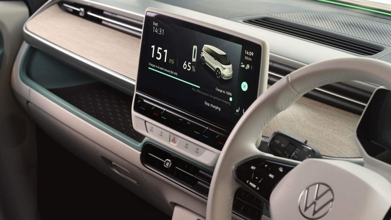 Close up photo showing the cockpit dashboard of a VW vehicle. 