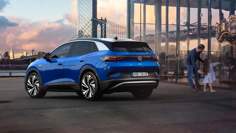 Volkswagen ID.4 Dusk Blue Metallic Parked near the building