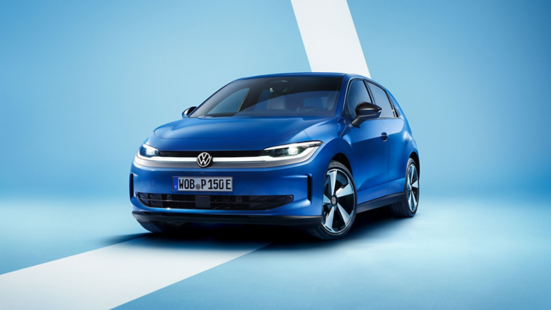 A blue VW ID. Polo from an angled front view against a light blue background.