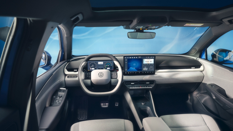 A view of the cockpit with steering wheel and infotainment system in the VW ID. Polo.
