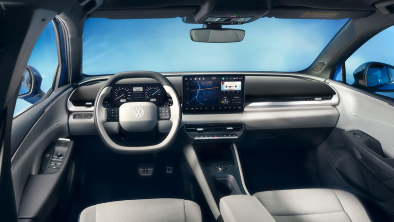 A view of the cockpit with steering wheel and infotainment system in the VW ID. Polo.