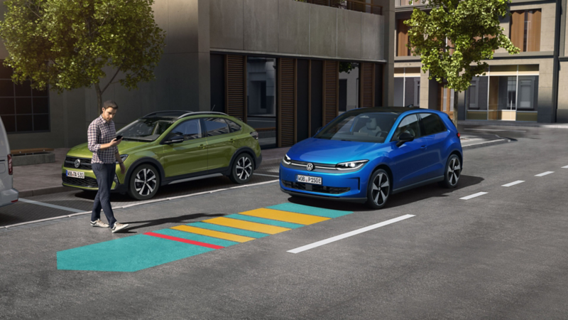 Illustration schématique du fonctionnement du Système de freinage d’urgence ‘Front Assist’ sur une VW ID. Polo.