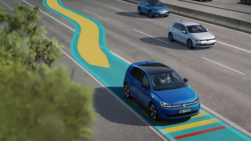 Illustration schématique du fonctionnement de l’Assistant d’urgence ‘Emergency Assist’ sur une VW ID. Polo.