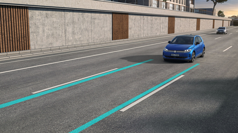 Illustration schématique du fonctionnement de l’Assistant de maintien dans la voie ‘Lane Assist’ sur une VW ID. Polo.