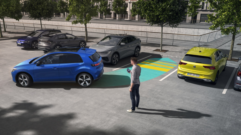 Illustration schématique du fonctionnement du Système d’assistance aux manœuvres de stationnement ‘Park Assist Pro’ sur une VW ID. Polo.