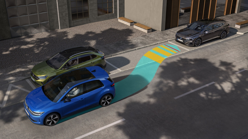Illustration schématique d’une VW ID. Polo utilisant le Système d’assistance aux manœuvres de stationnement ‘Park Assist Plus’ pour se garer en créneau en marche arrière.