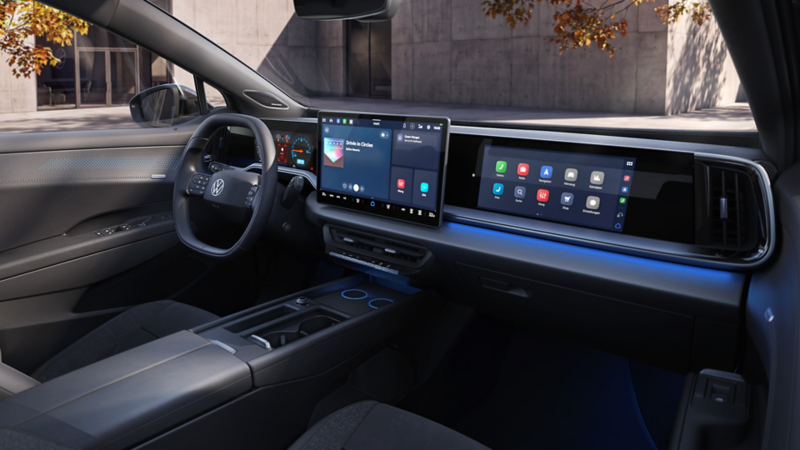 Interior view of the cockpit featuring the co-driver display in a VW ID. Tiguan Style.