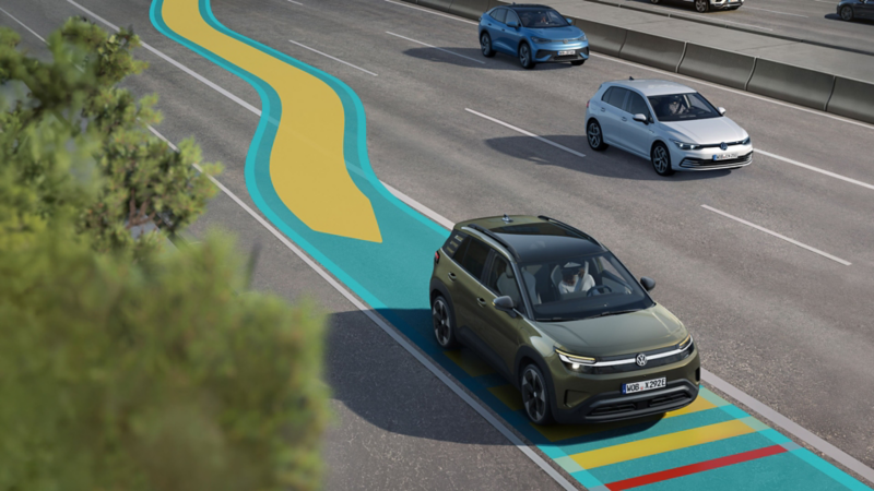 Ein VW auf einer mehrspurigen Straße; farbige Markierungen visualisieren den Eingriff des Emergency Assist in die Fahrspur.