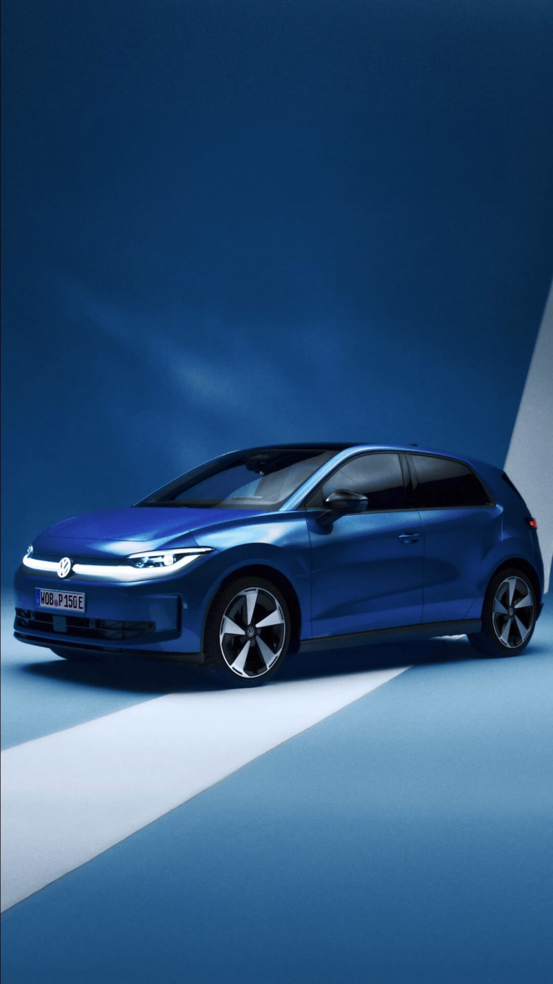 A blue VW ID. Polo from an angled front view against a light blue background.
