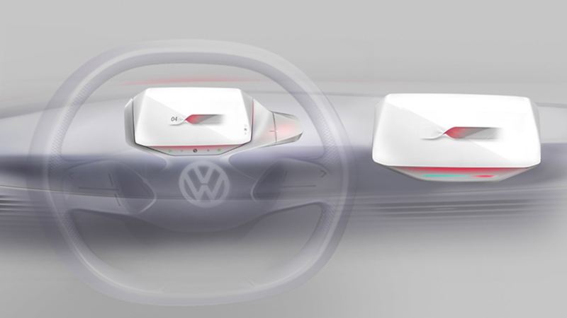 Dettaglio del nuovo Head-Up Display con funzione di realtà aumentata collocato sul volante di Volkswagen ID.3