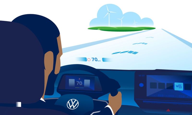 Illustrazione: uomo alla guida di una VW ID. configura e utilizza l'head-up-display in realtà aumentata.