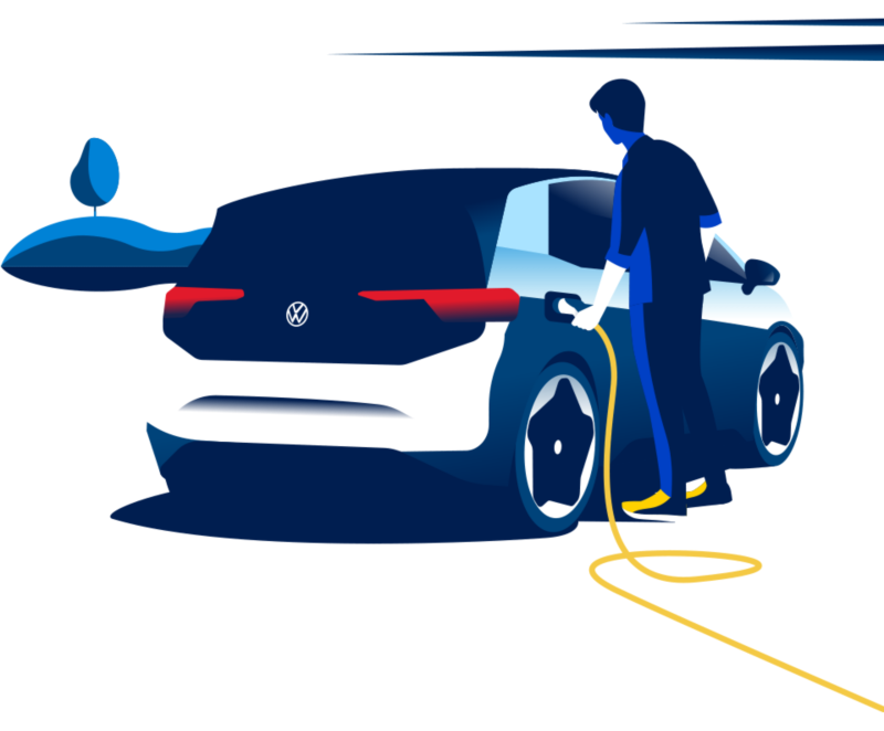 Illustration: Man charges his VW ID.3 on a standard household socket using a mains charging cable.