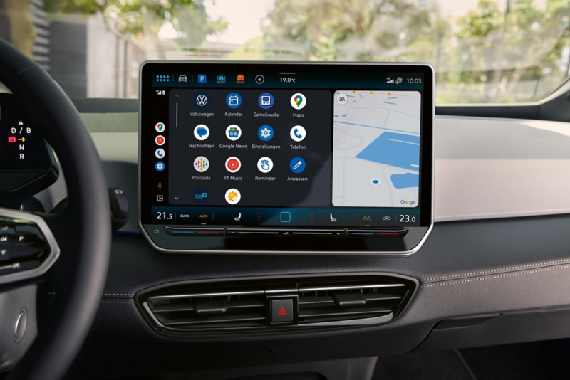 View of the display of centre console in the VW ID.3. Various clickable icons are visible on the touchscreen.