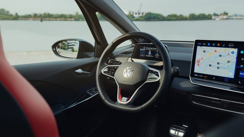 View of the steering wheel of an ID.3 GTX FIRE+ICE