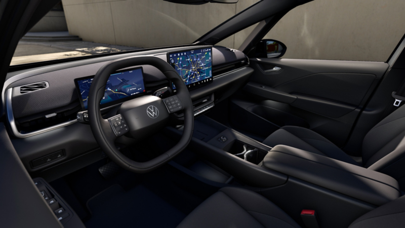 A view of the cockpit with steering wheel and infotainment system in the VW ID. Polo.