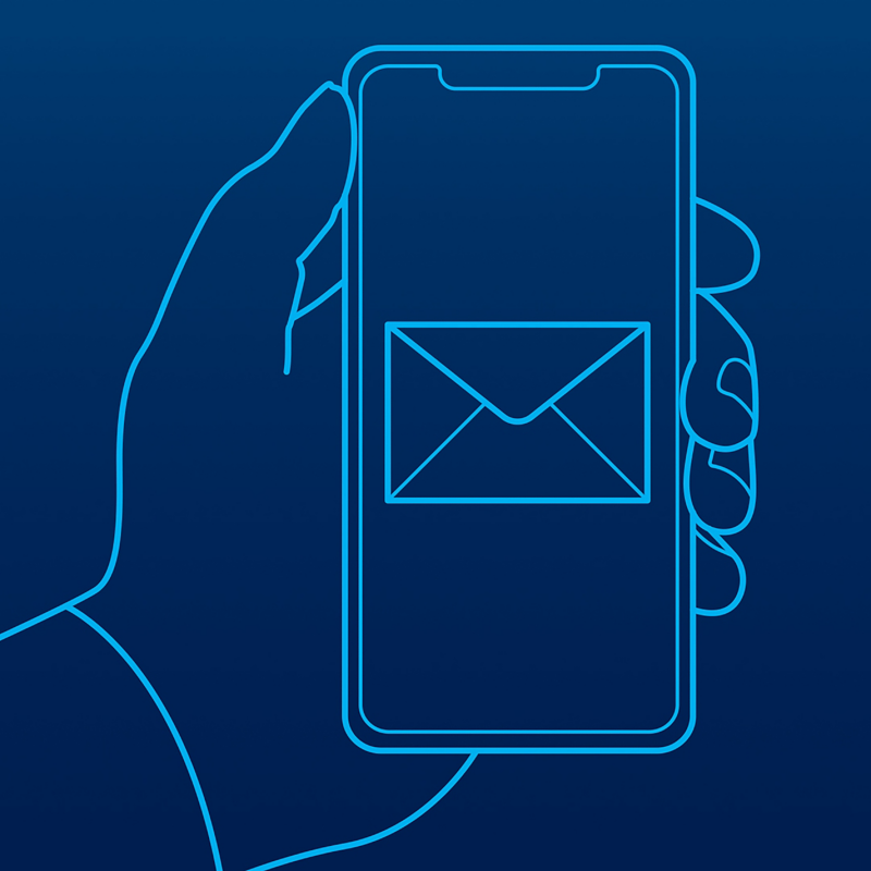 Blue graphic showing a hand holding a mobile phone with an envelope icon on the screen. 