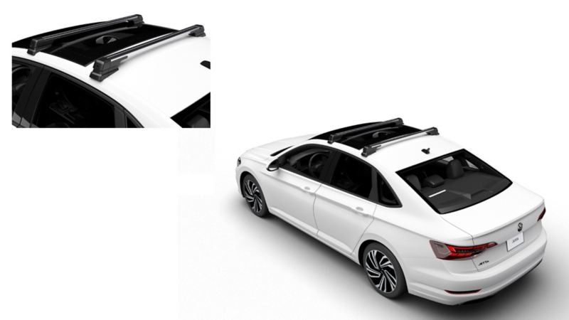 Imagen de vehículo sedán Jetta de Volkswagen utilizando barras portaequipaje hechas con aluminio.