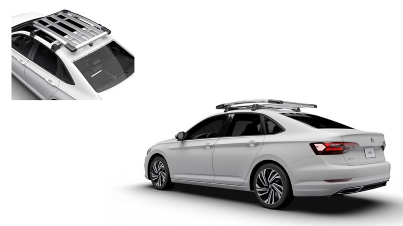 Jetta blanco utilizando canastilla universal de aluminio, accesorio VW que puedes adqurir en nuestro sitio.