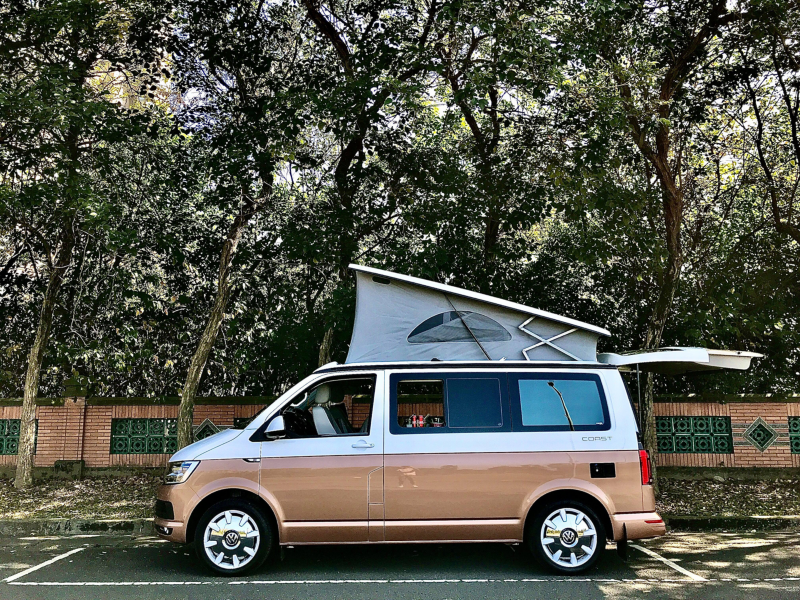 白金雙色California 停在路邊停車格，車頂帳掀起、車尾門打開，背景有老式矮磚牆及高大的路樹