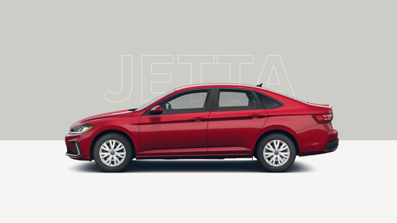 Volkswagen Jetta. Perspectiva exterior de auto sedán de color rojo. 