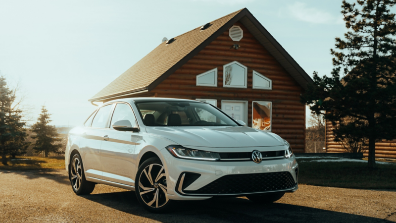 Vue de face de la Volkswagen Jetta blanche mettant en valeur son nouveau design extérieur garé près d’une maison en hiver.