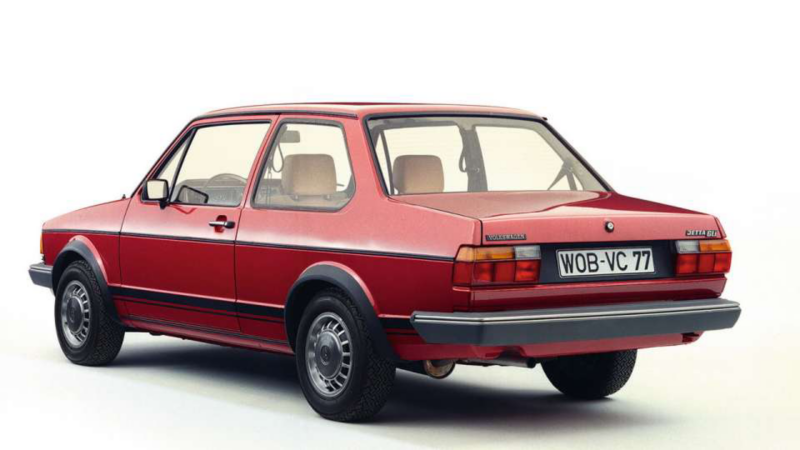 Back view of a red vintage Jetta