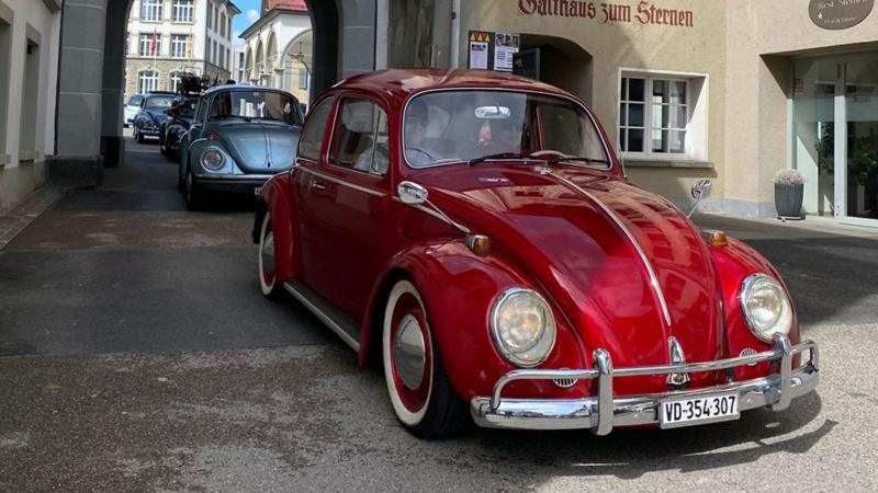 Mehrere VW Käfer fahren auf der Strasse