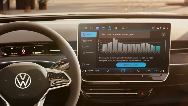 Blick ins Cockpit eines Volkswagen ID. mit Digitalanzeige und großem Touchscreen-Display.