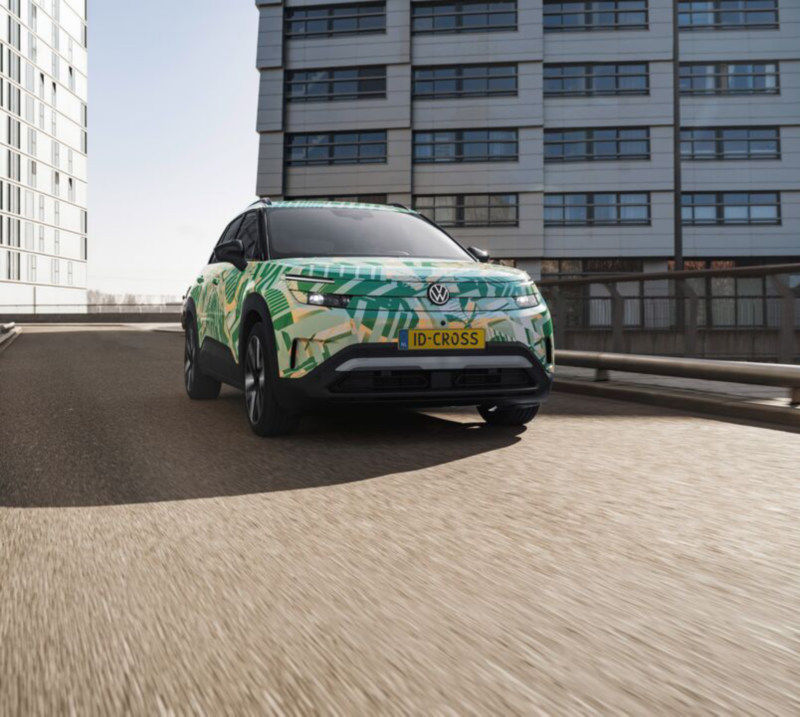Front view of a VW ID. Cross with concept wrap on an urban street.