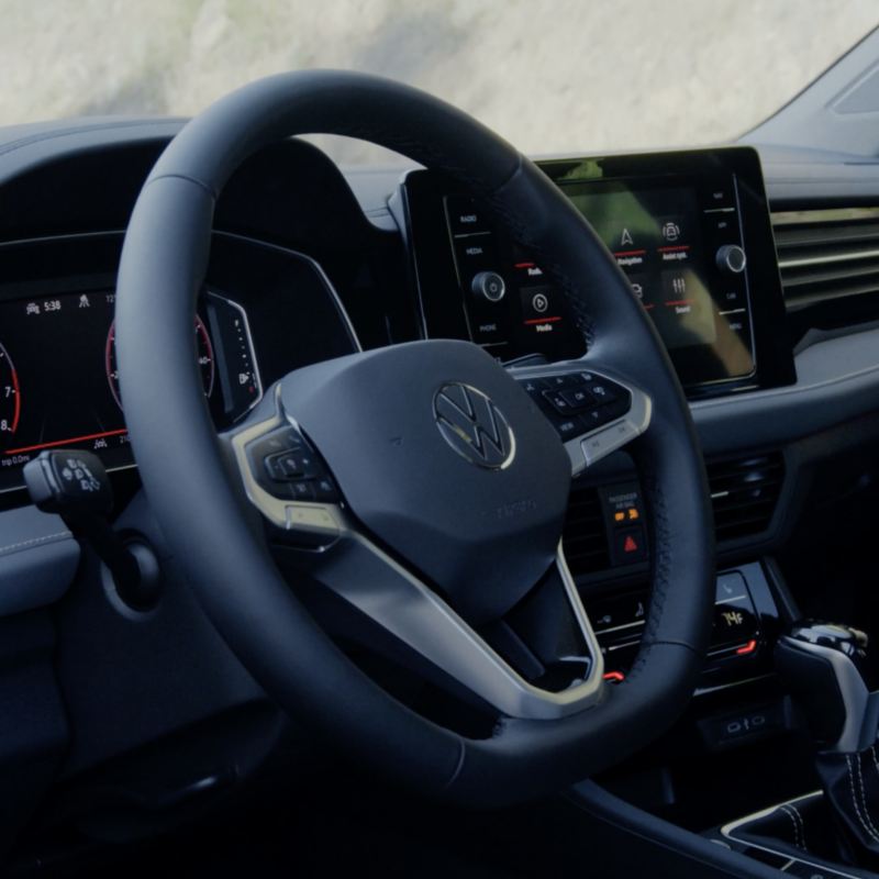 Close-up of the leather multi-function heated steering wheel in the Jetta 2025.