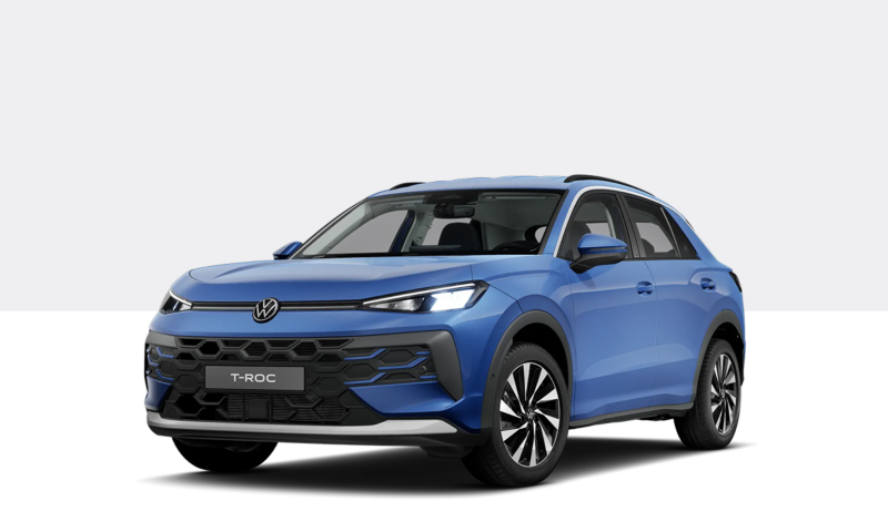 Freigestellte Abbildung eines VW T-Roc Life in Celestial Blue Metallic