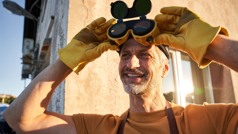 Nahaufnahme von Matthew mit Schutzbrille und Handschuhen