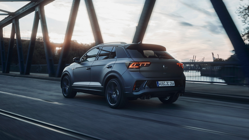 Rear view of VW T-Roc R crossing a bridge