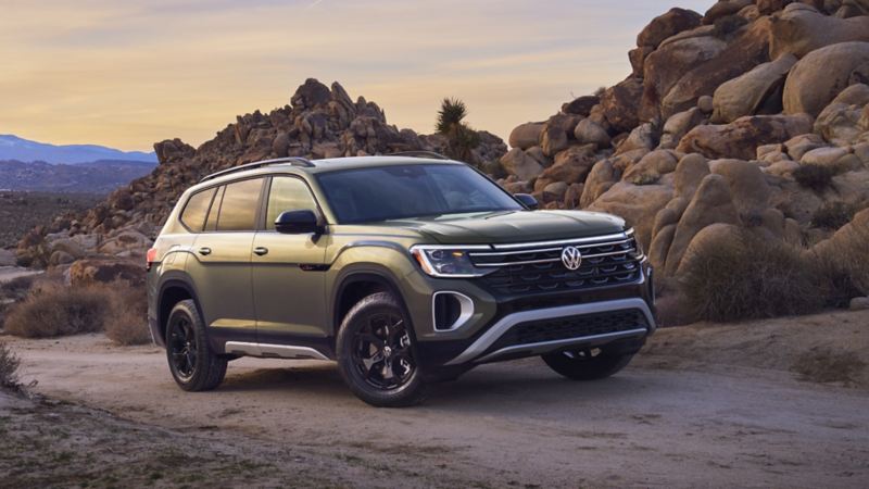 The 2024 Volkswagen Atlas Peak Edition parked on the mountain road