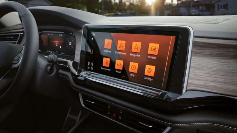 A close-up photo of the new 12" infotainment system in the 2024 Volkswagen Atlas